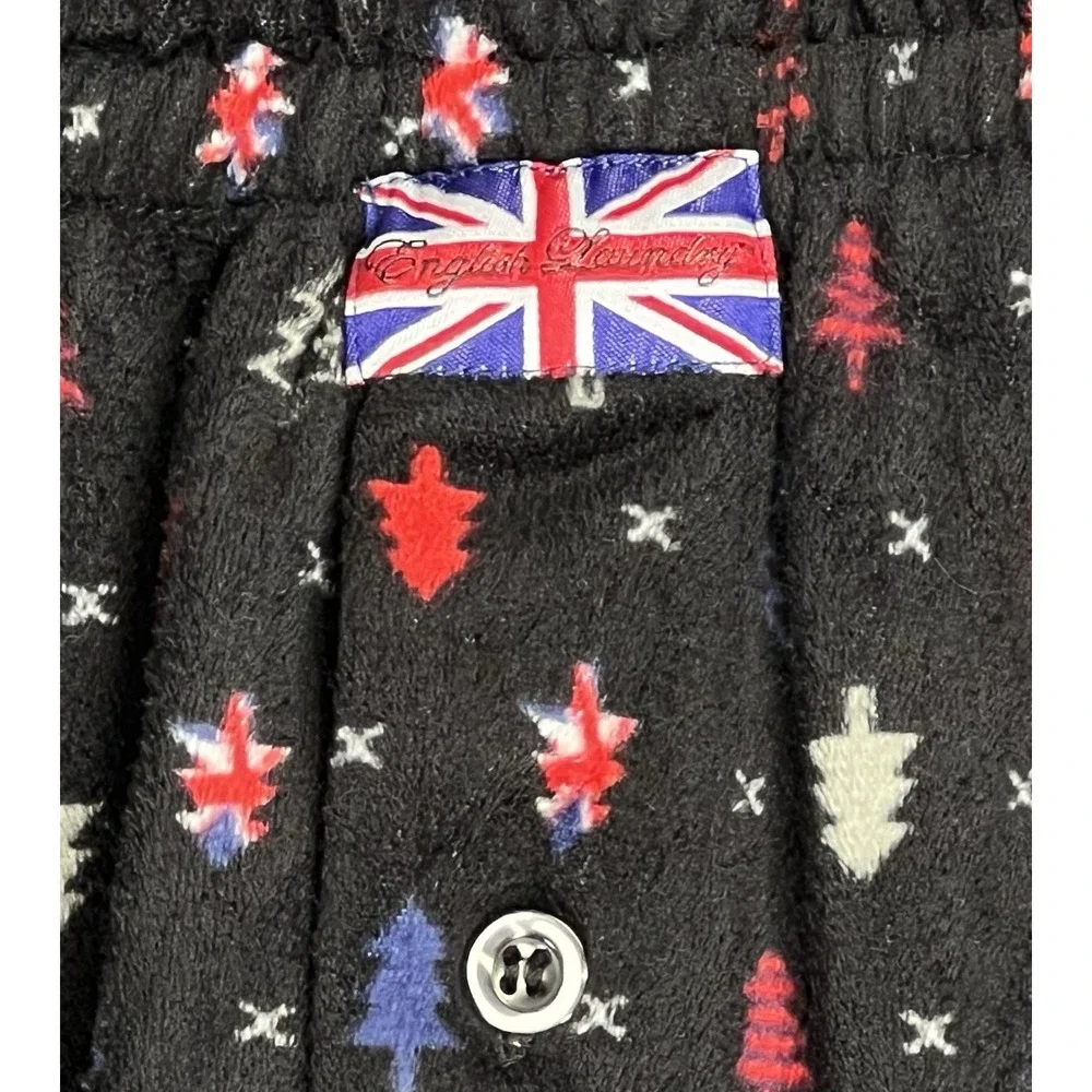 English Laundry Mens XL Pajama Pants Black Fleece Christmas Tree Union Jack Soft